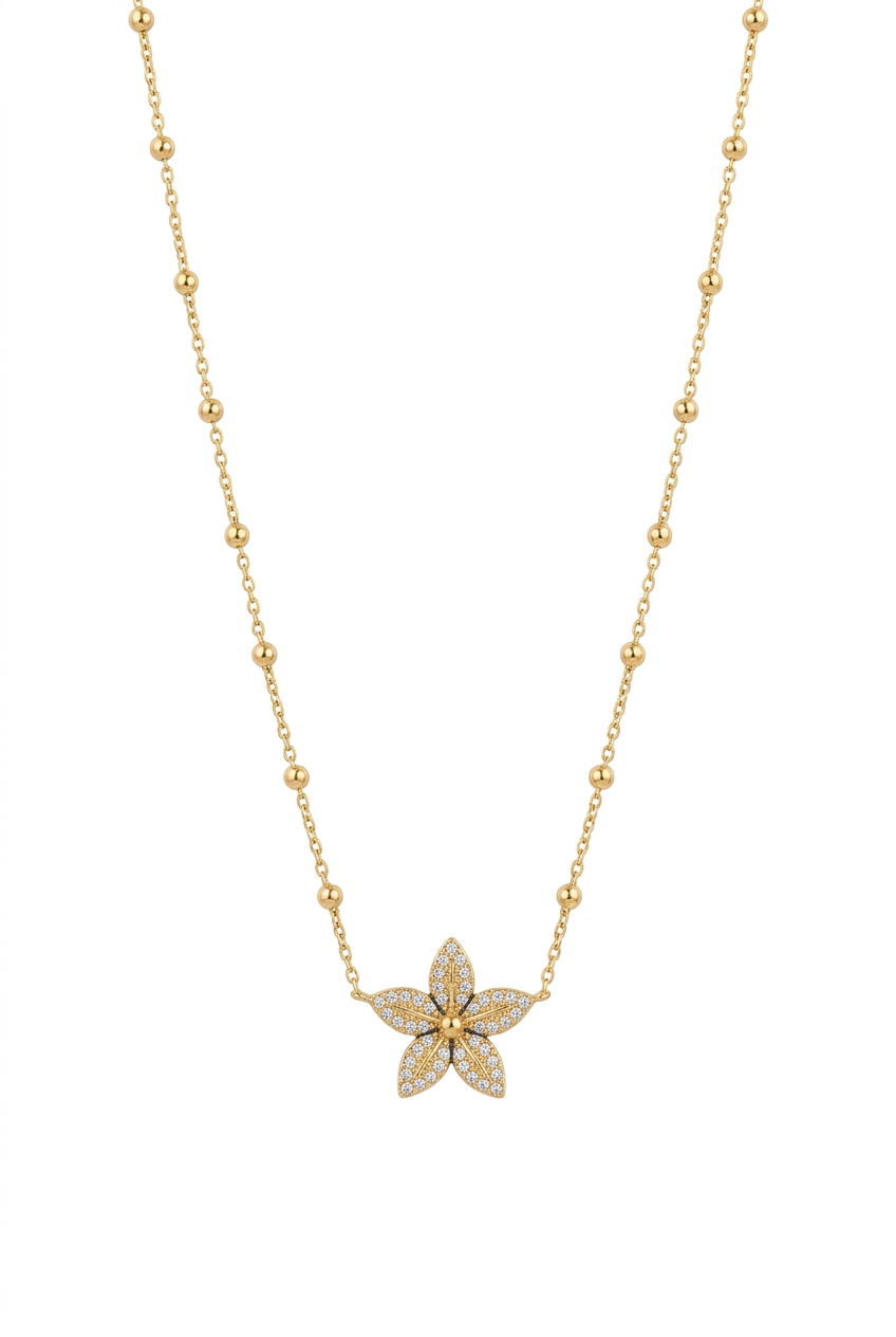 Collier à pendentif fleur sur fond blanc au format portrait